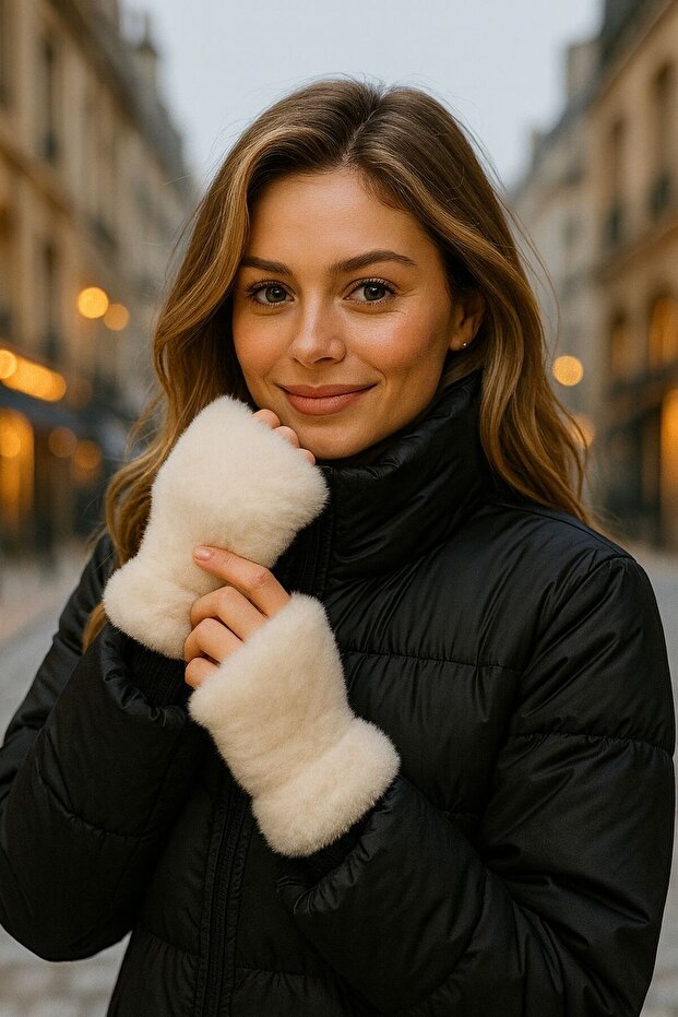 Ecru Cut-Out Soft Textured Plush Women's Gloves