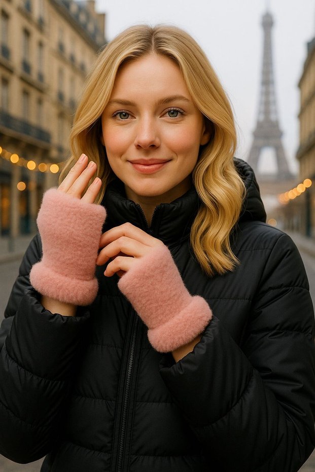 Pink Cut Soft Textured Plush Women's Gloves