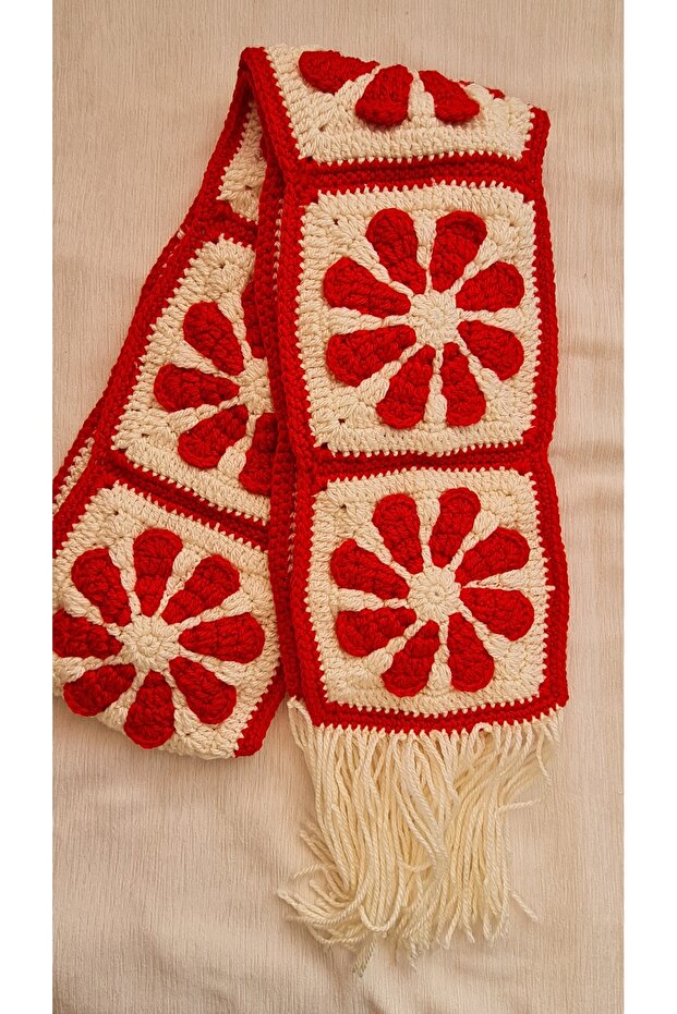 Retro Flower Hand Knitted Red and White Motif Scarf