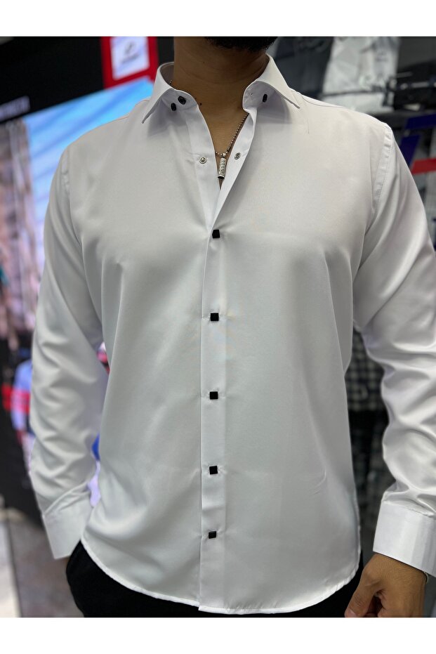 Slim Fit Satin Shirt with Snap Fasteners