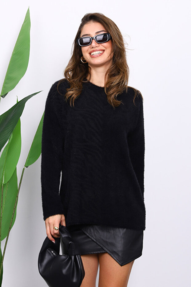 Black Crew Neck Angora Soft Knit Sweater