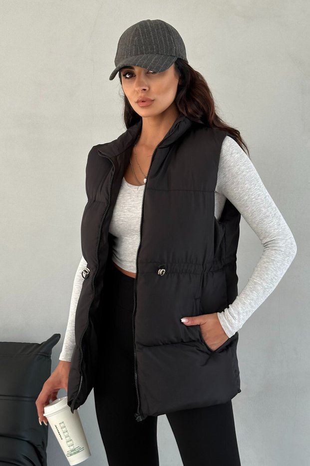 Women's Black Puffer Vest - Hoodless Long Zipper Pocket Winter Sports Puffer Coat Vest