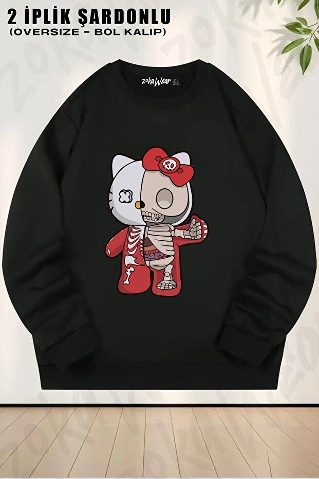 Unisex Hello Kity Half Skeleton Printed Oversized Crew Neck Sweatshirt