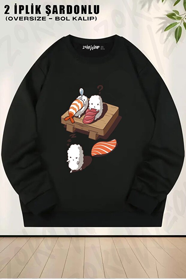 Unisex Funny Sleep Walking Nigiri Sushi Printed Oversized Crew Neck Sweatshirt