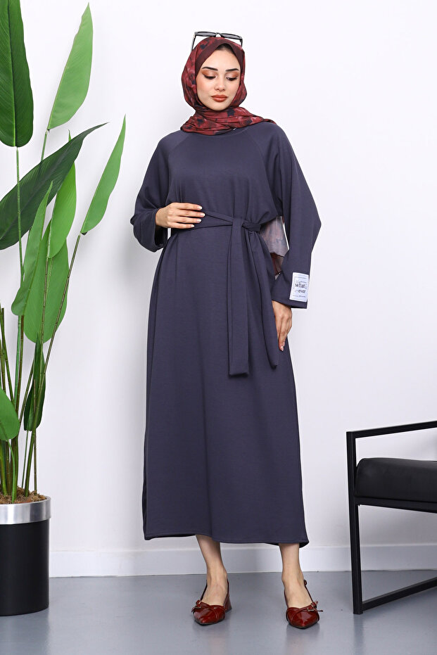 Smoked Sleeve Embroidered Raglan Sleeve Basic Modal Belted Dress