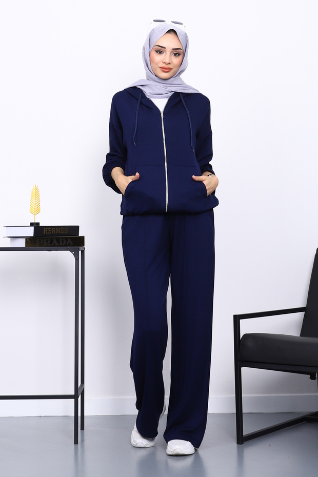 Navy Blue Hooded Zippered Kangaroo Pocket Modal Set