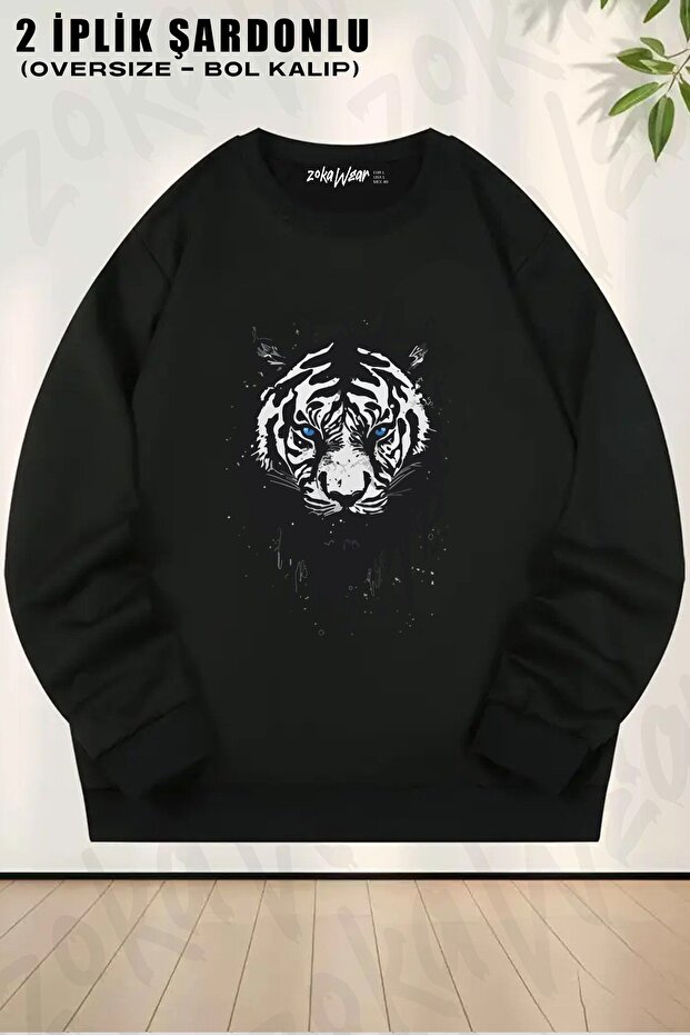 Unisex One-Eyed Tiger Printed Oversized Crew Neck Sweatshirt