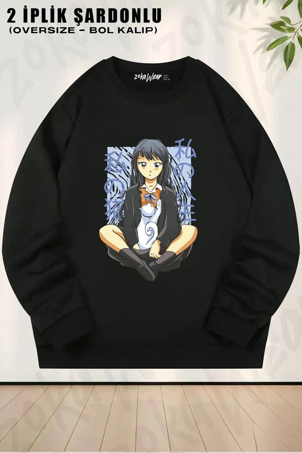 Unisex Japanese Drawing Young Girl and Her Pet Cat Printed Oversized Crew Neck Sweatshirt