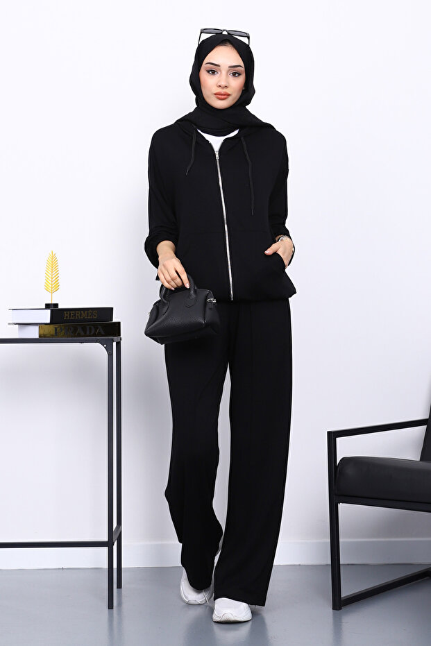 Black Hooded Zippered Kangaroo Pocket Modal Set