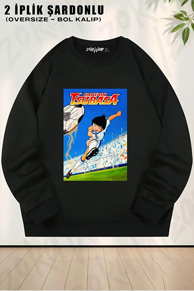 Unisex Shoot Futbol Kaptan Captain Tsubasa Printed Oversized Crew Neck Sweatshirt