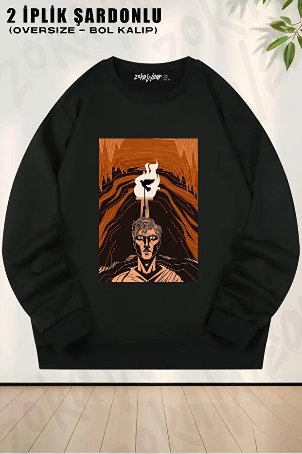 Unisex Plato Philosophy Allegory of the Cave Printed Oversized Crew Neck Sweatshirt