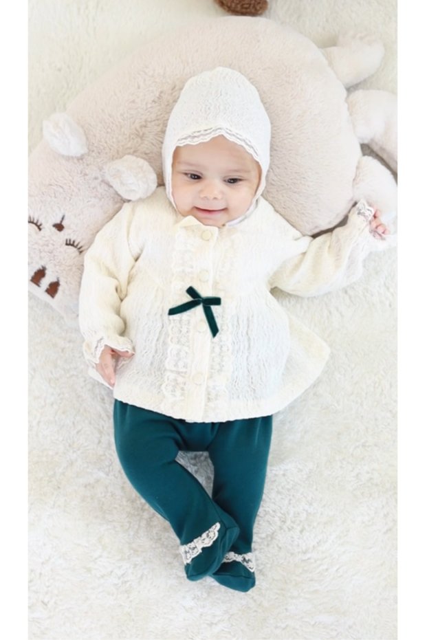 Baby Girl 5-Piece Hospital Discharge Set 100% Cotton, Emerald Green Lace Victorian Newborn Set