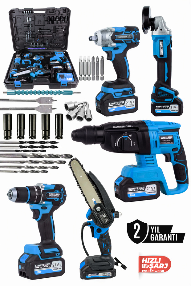KİMMEER PLUS 21v Akülü 5 li Set Kırıcı Delici Hilti Taşlama Somun Sıkma Akülü Vidalama Budama