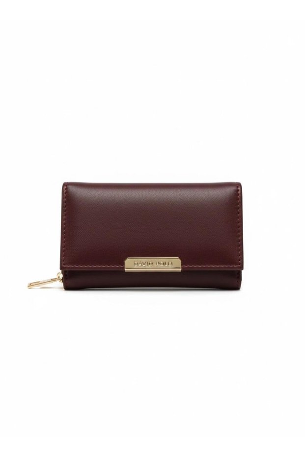 Burgundy Color Medium Size Soft Faux Leather Women's Wallet with Gold Color Detail