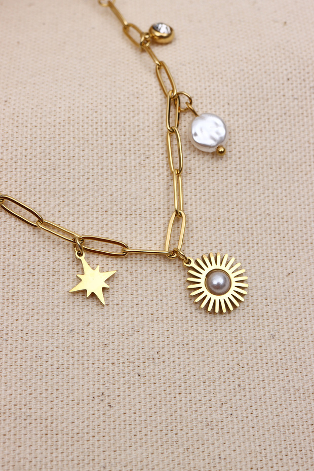 Pearl Detail Gold Steel Necklace with Sun Figure