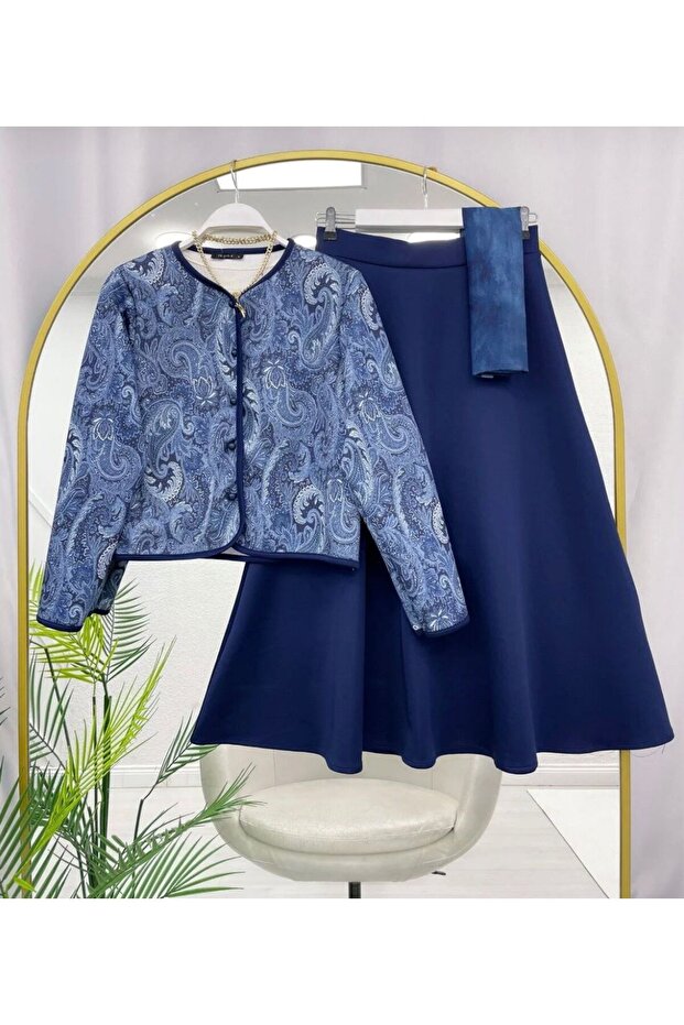 Shawl Pattern Jacket Skirt Double Set - 1