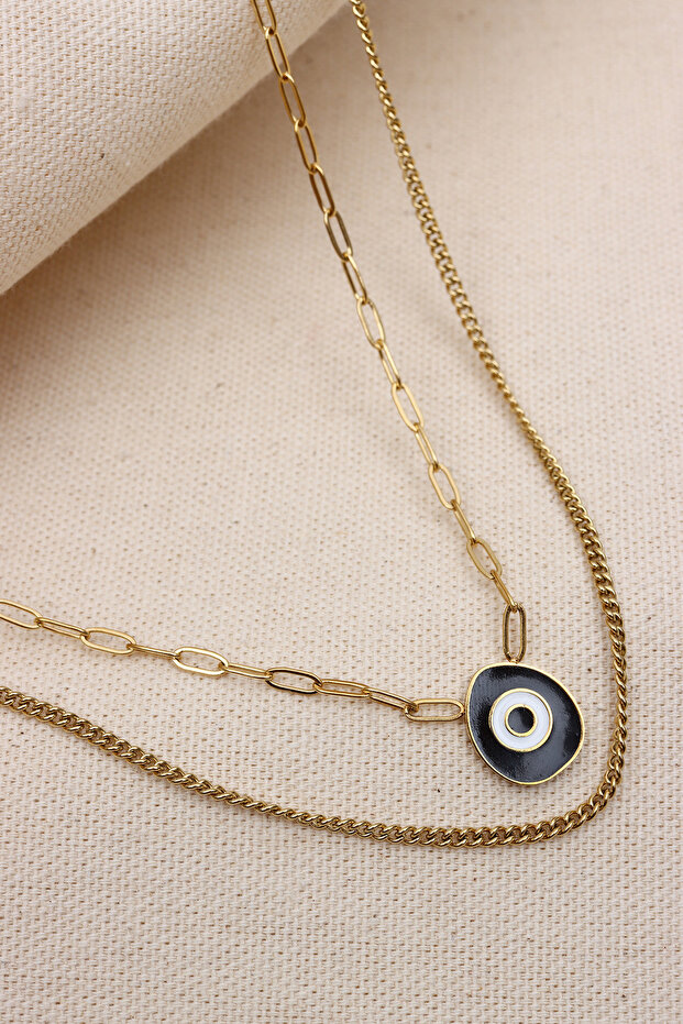 2-PACK BLACK MINELED EVIL EYE FIGURE GOLD STEEL NECKLACE