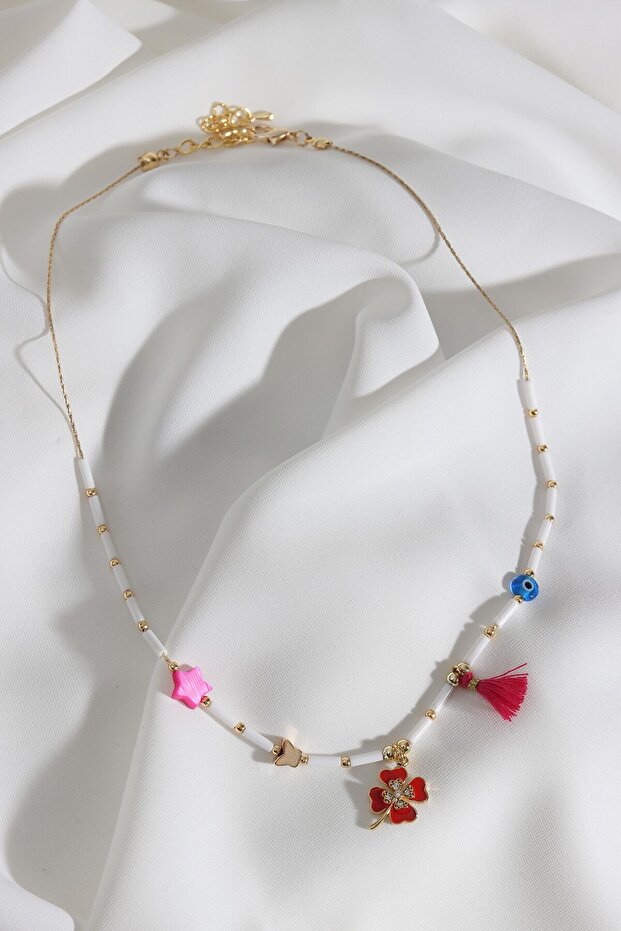 White Necklace with Clover Pendant and Pink Stars