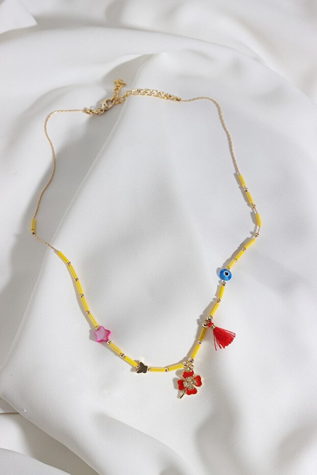 Yellow Necklace with Clover Pendant and Pink Stars