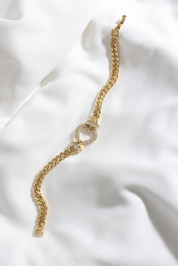 HEART FIGURE MULTI-STONE GOLD STEEL CHAIN BRACELET