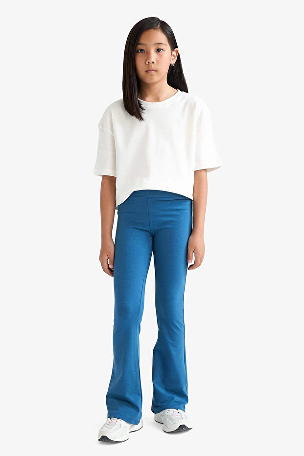 E8301A8Be376 Blue Girl's Flare Fit Corded Fabric Ribbed Knit Pants