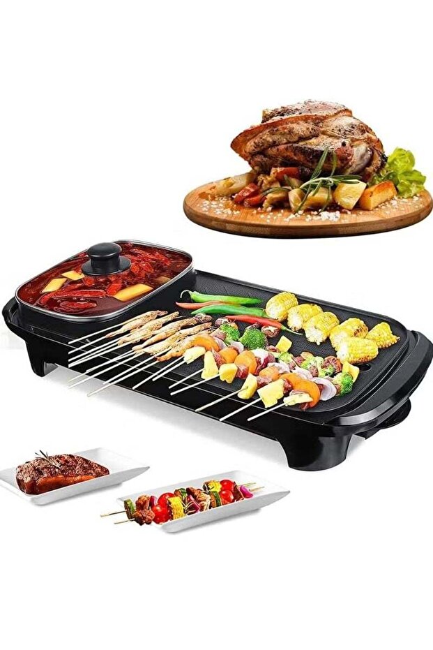 2-in-1 Electric BBQ Grill & Hot Pot 220V 1360W Non-Stick Temperature Control