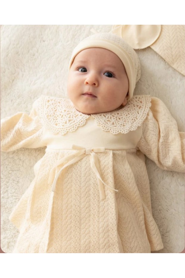 Baby Girl 5-Piece Hospital Release Outfit, 100% Cotton, Lace Collar, Bow, Hat Newborn Set Natalia Cream