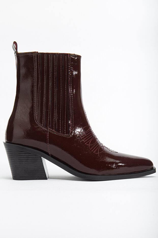 Burgundy Wrinkled Patent Leather Pointed Toe Elastic Western Cowboy Boots
