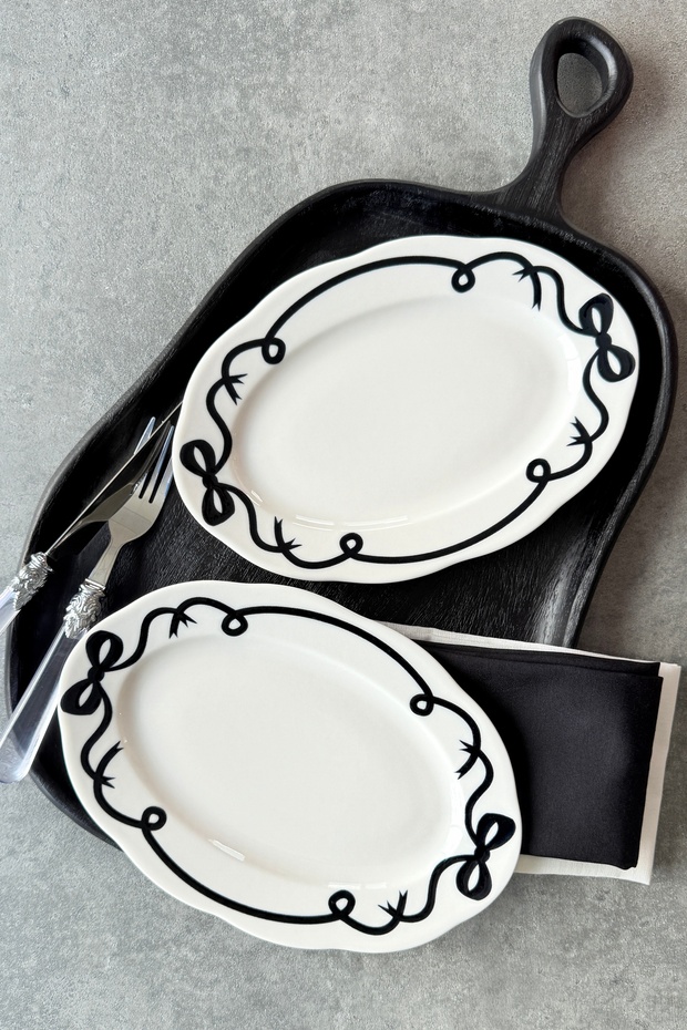 Bow Tie 2-Piece 25 cm Medium Size Porcelain Black Mezelik Boat Plate with Ribbon Pattern (2 Pcs)