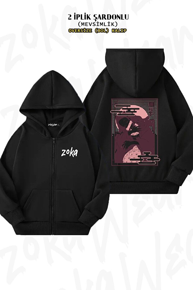 Unisex Demon Slayer Nezuko Kamadoo Printed Oversized Back Printed Zippered Hooded Cardigan