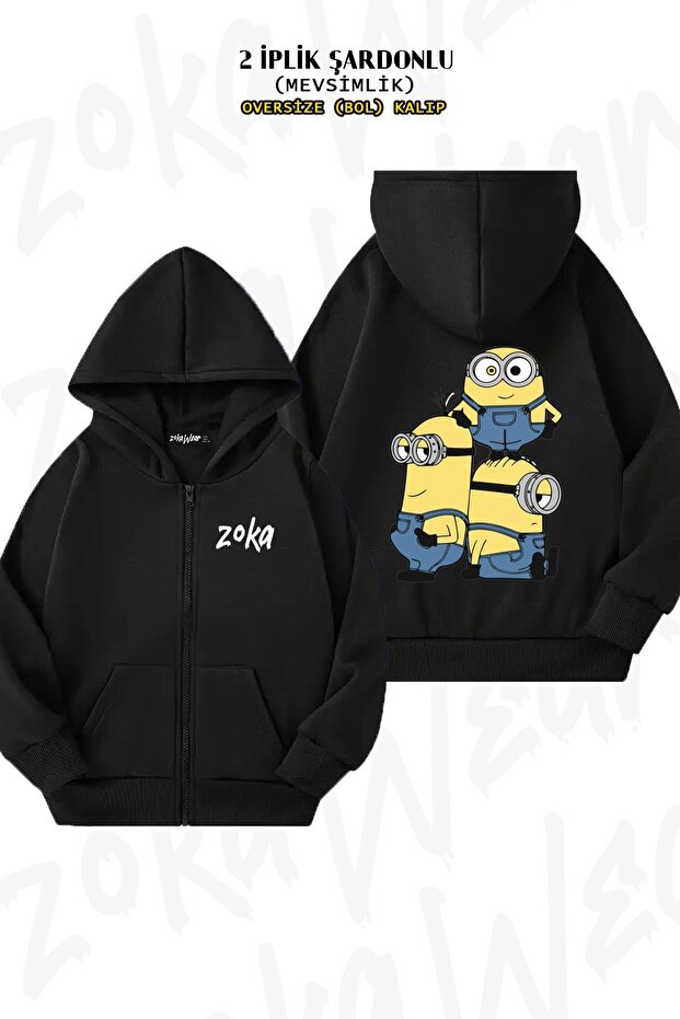 Unisex Minions Printed Oversized Back Printed Zippered Hooded Cardigan