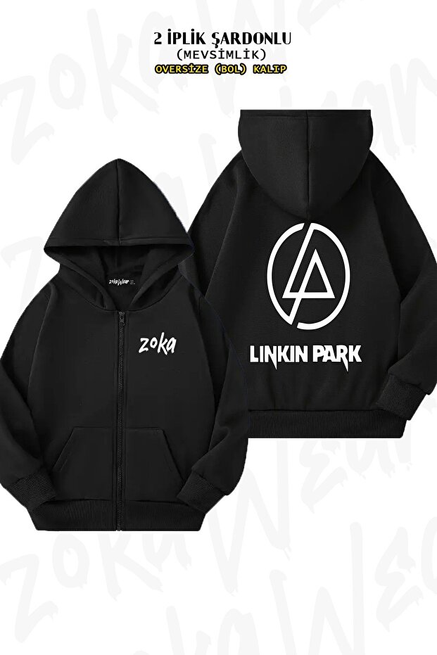 Unisex Logo Linkin Park Printed Oversized Back Printed Zippered Hooded Cardigan