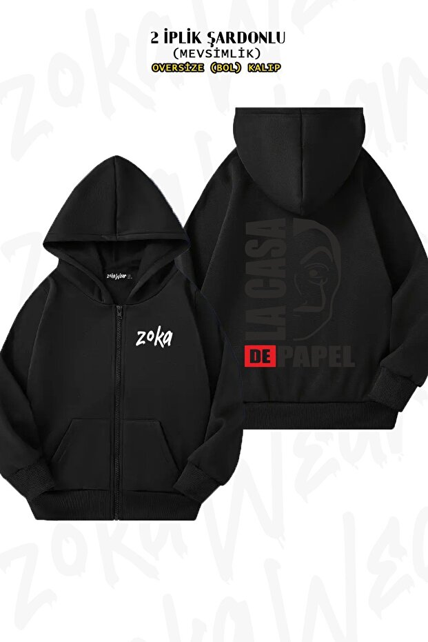 Unisex La Casa De Papel Drawing Illustration Printed Oversized Back Printed Zippered Hooded Cardigan