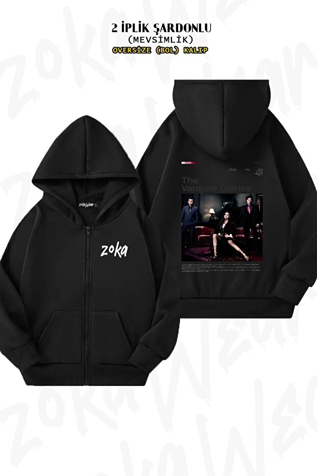 Unisex the Vampire Diaries Series Poster Printed Oversized Back Printed Zippered Hooded Cardigan