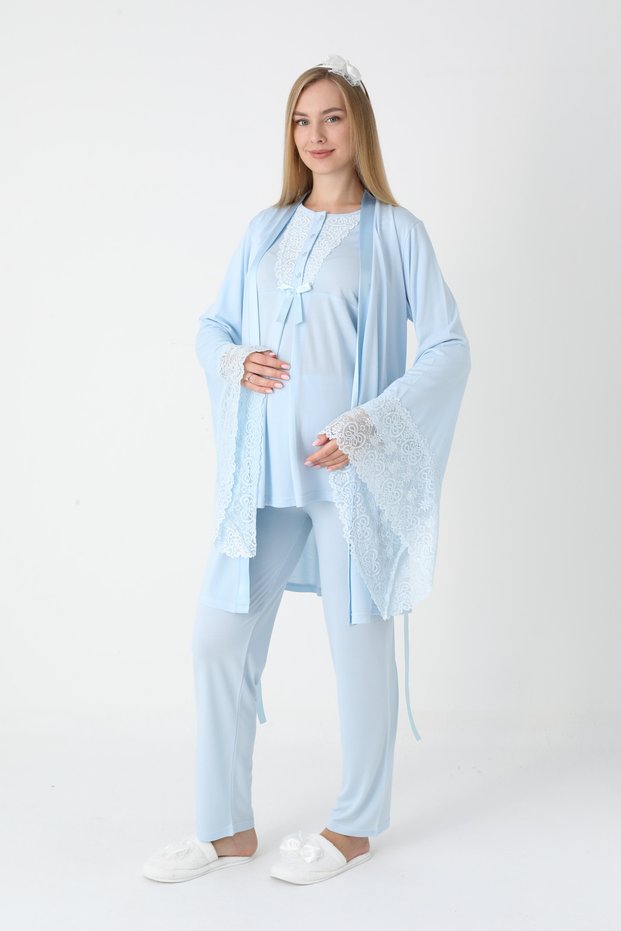 Women's Blue Lace Detailed Special Design Long Sleeve Maternity Pajama Set 3-Piece Set