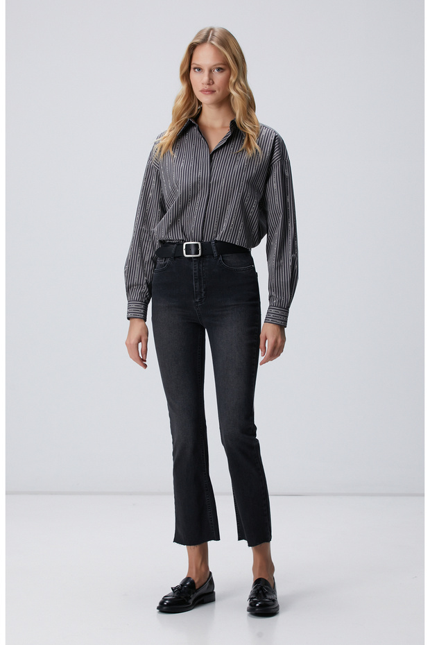 Antrasit Çizgi Desenli Oversize Gömlek - 3