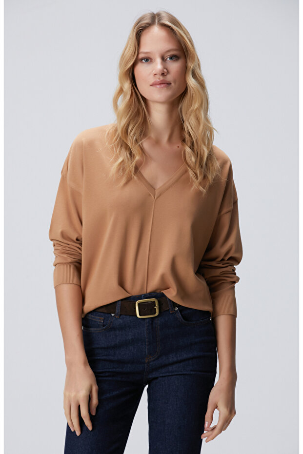 Camel V Yakalı Basic Kazak - 1