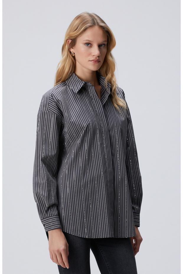 Antrasit Çizgi Desenli Oversize Gömlek - 4
