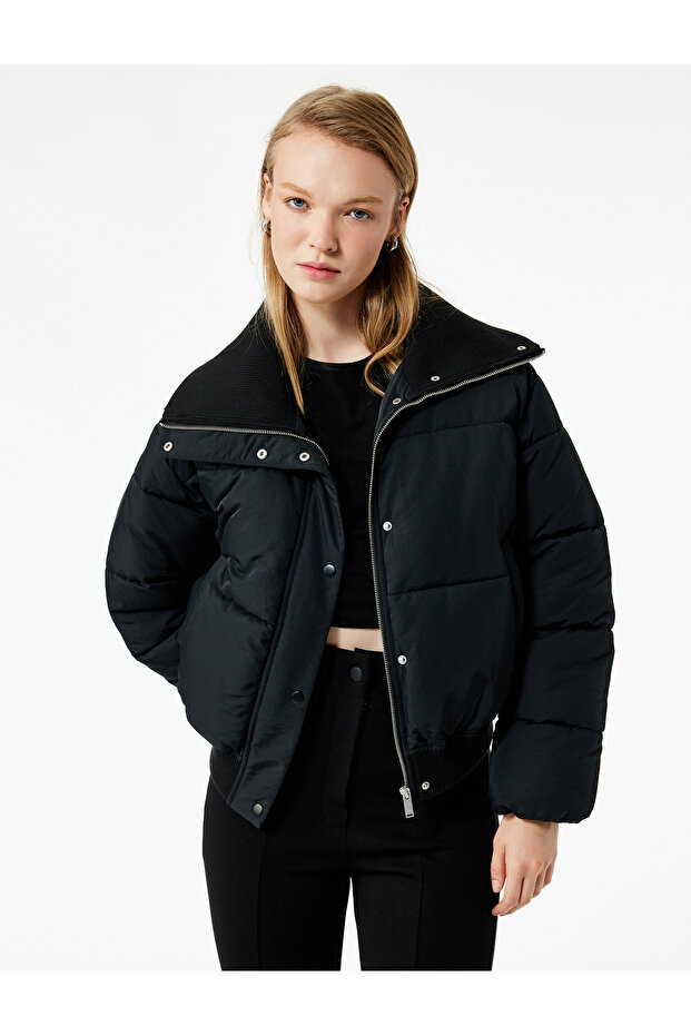 Long Sleeve Wide Collar Anorak Puffer Jacket with Zipper Pocket Detail