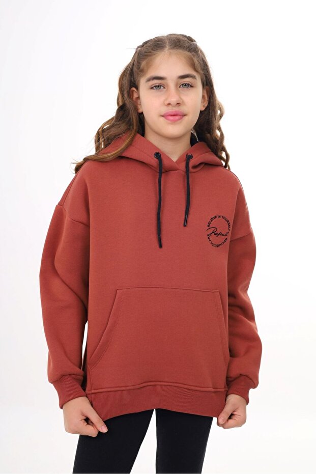 Tile Girl Child Oversized Hooded Pocketed Off Shoulder Printed Slit Sweatshirt