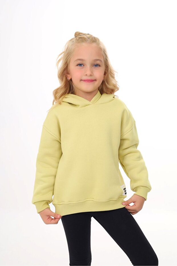 Light Green Girl's Oversized Hooded Off Shoulder Printed Sweatshirt - 3 Thread Raised