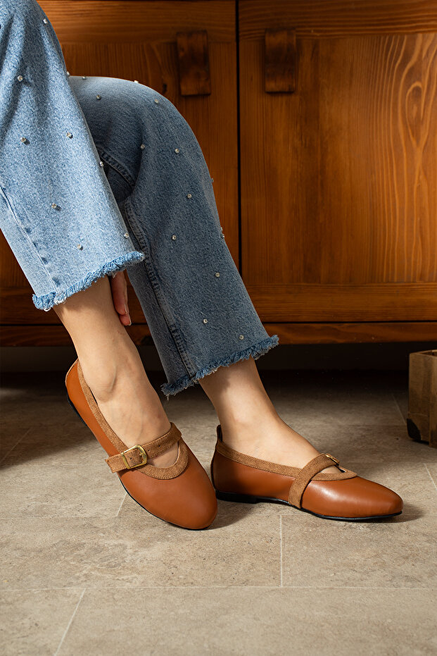 Milan Taba Leather Strap Detail Babet Shoes