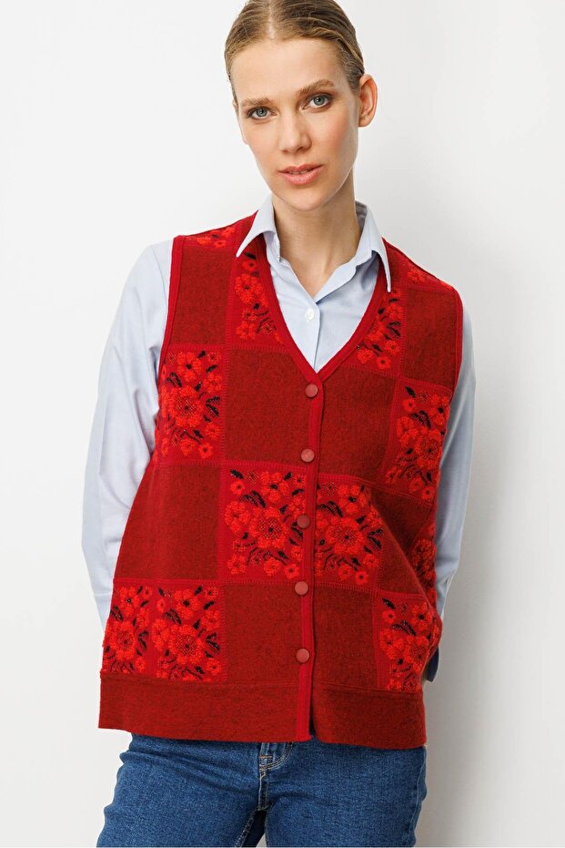 Women's Patchwork Floral Felt Wool Vest Dark Red_Coral