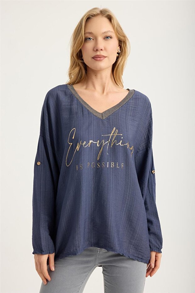 Simli V Yaka Bluz - 1