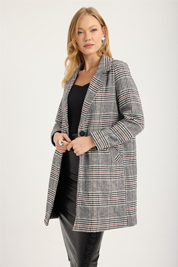 Long Houndstooth Patterned 2 Jacket - 2