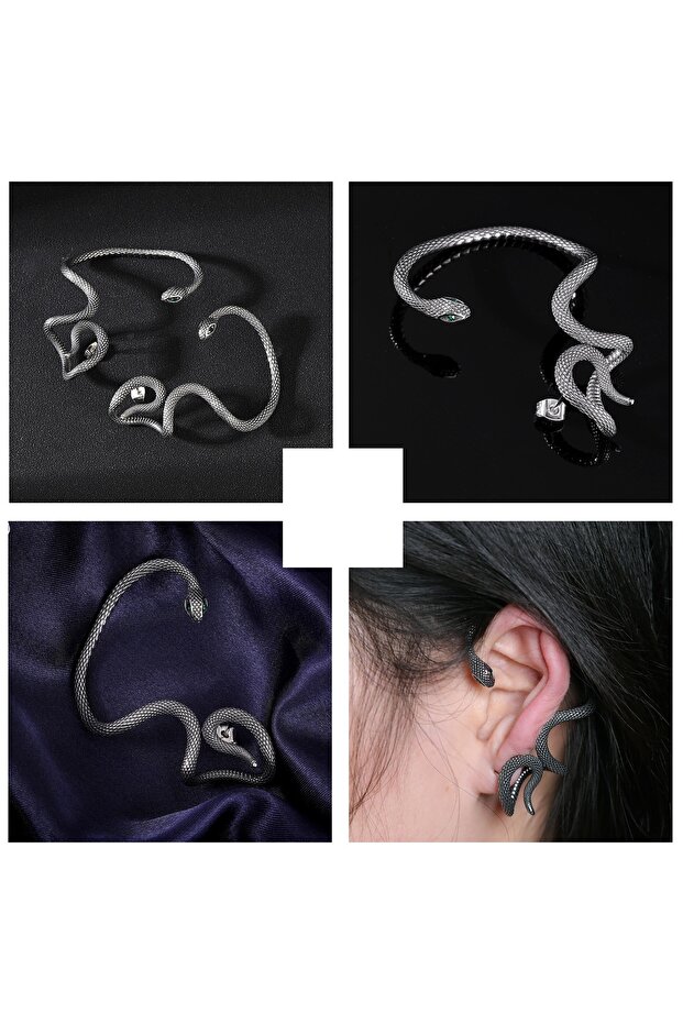Ear Cuff Yılan Zirkon Tasarım Çivi Model S+ Kalite 316L Paslanmaz Kararmaz Çelik Küpe Tekli - 3