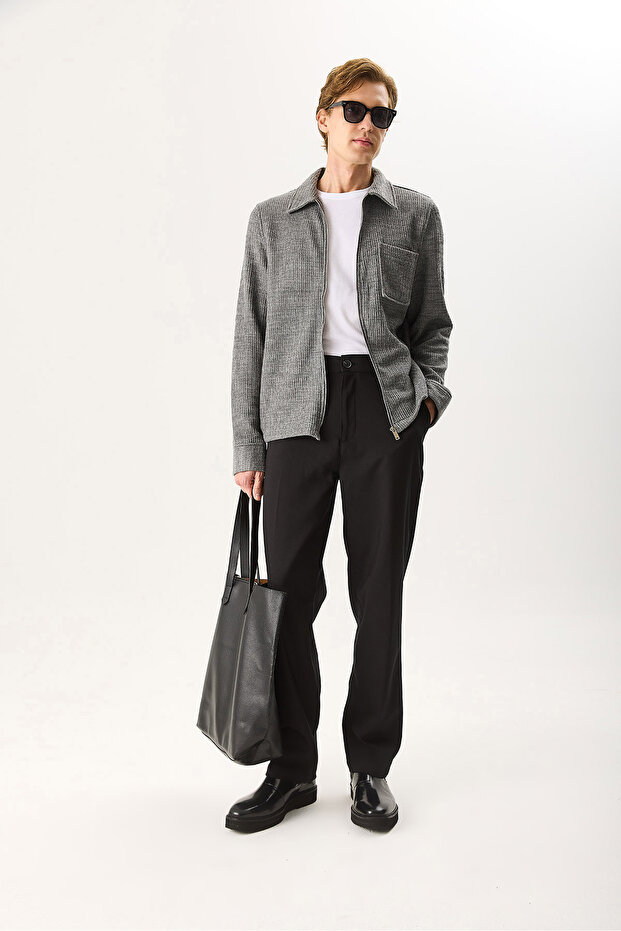 Men's Regular Fit Wool Jacket with Front Zipper - Anthracite