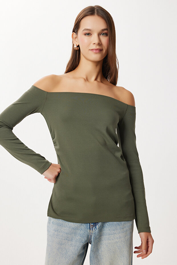 Open Shoulder Gathered Knitted Blouse Lub0272 Khaki