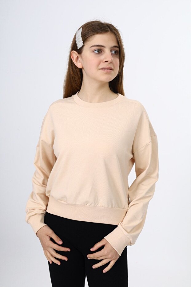Beige Girl's Relax Fit Crew Neck Drop Shoulder Sweatshirt - 2 Thread