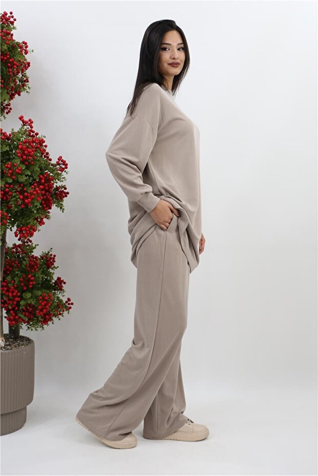 Oversize Basic Pantolonlu Takım - Bej - 4